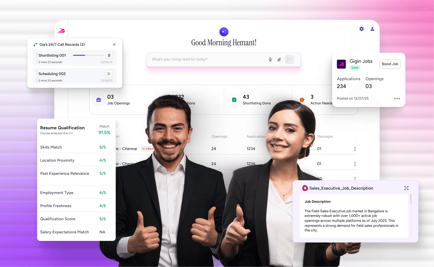 GIA dashboard showing ranked candidate shortlist
